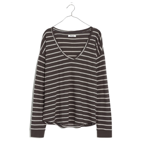Madewell Do Well Grey and White Striped Softfade Cotton V-Neck Relaxed Tee Top - Picture 1 of 8